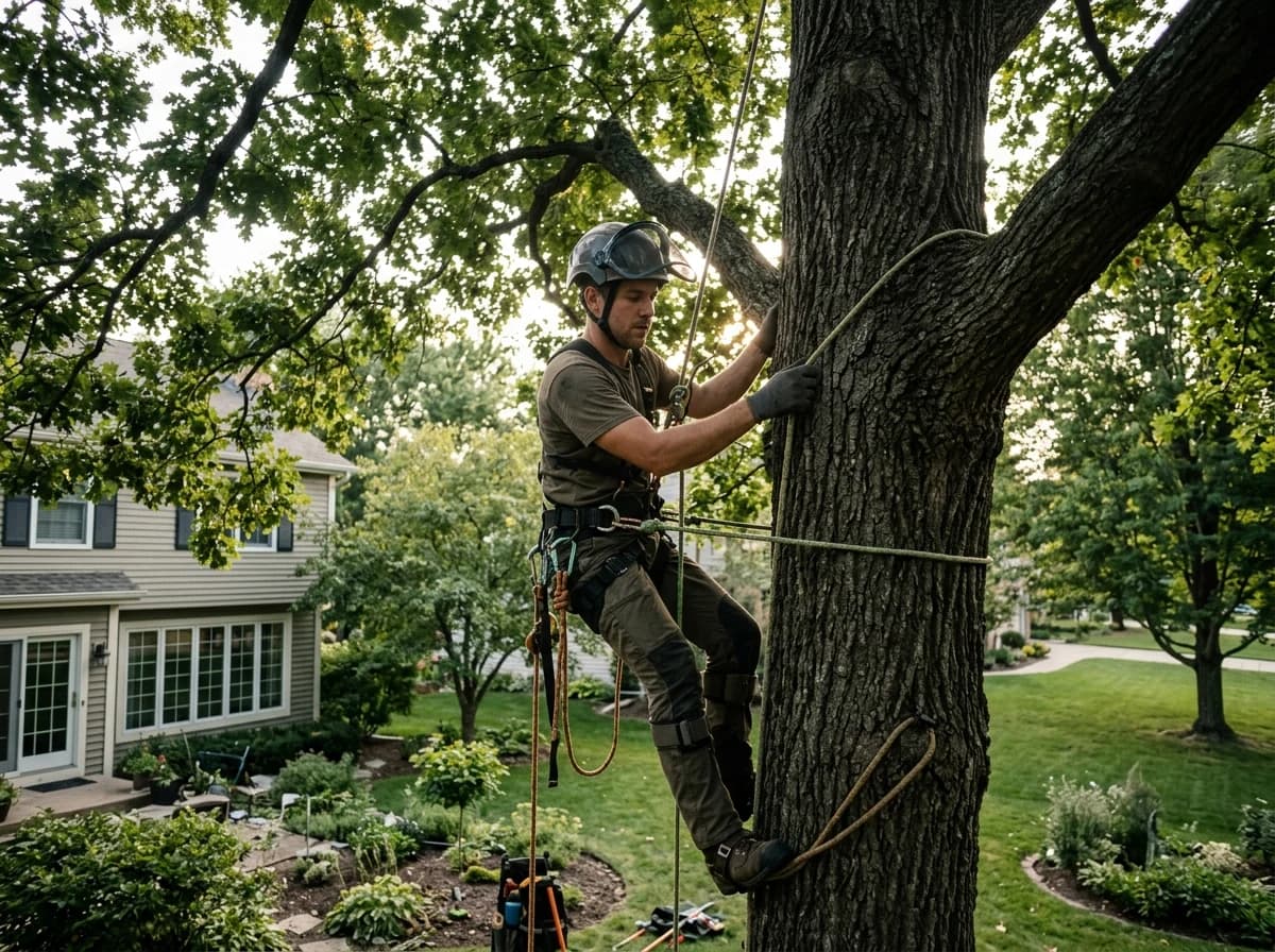 A certified arborist safely climbing a tall tree, preparing for a professional tree removal.