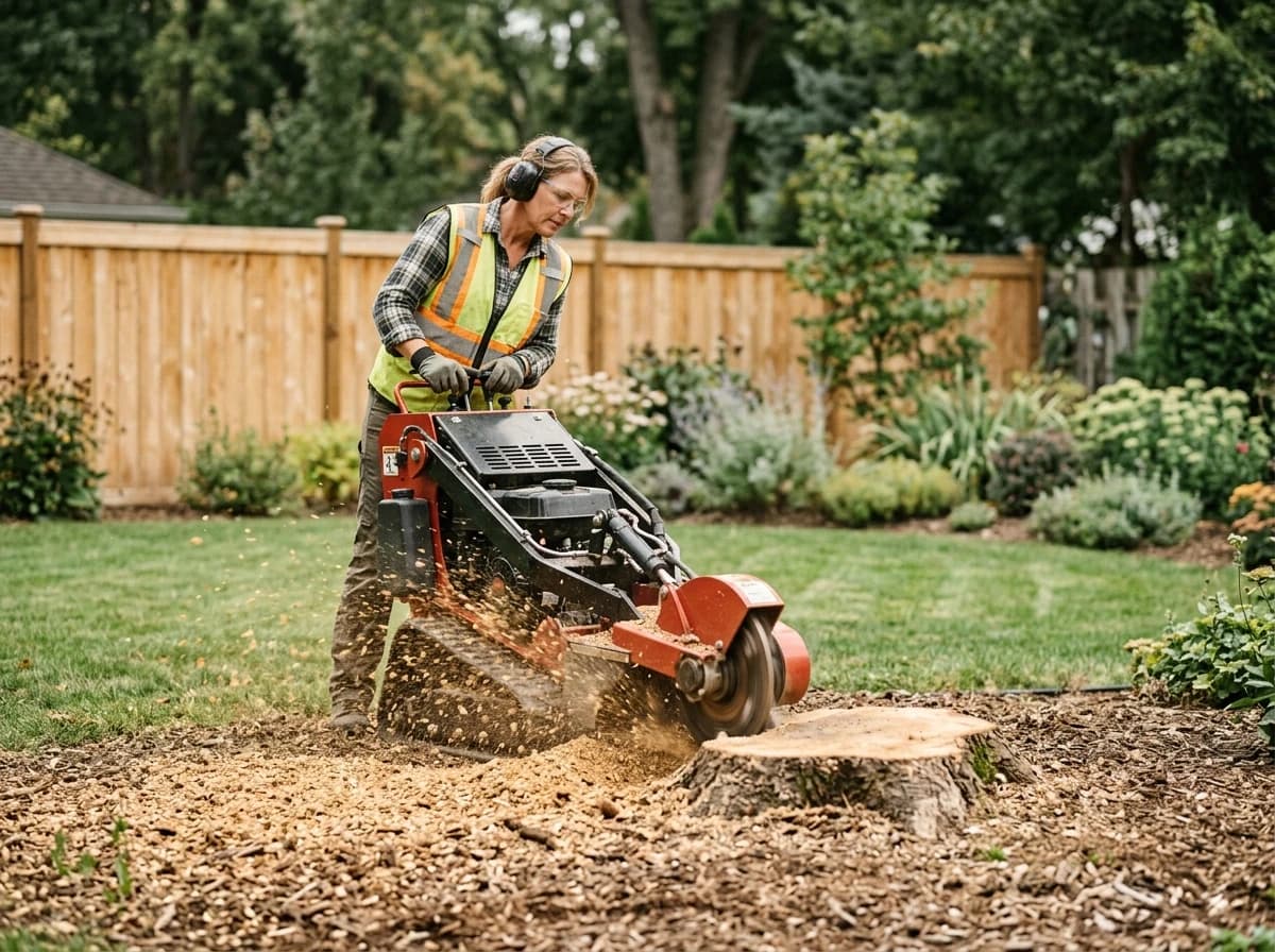 A professional stump grinder in operation, safely removing a tree stump from a residential yard.