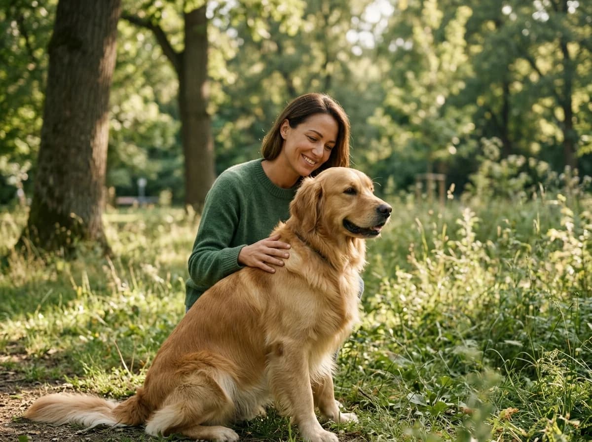 Happy pet owner gently petting their healthy, well-groomed dog in a park.