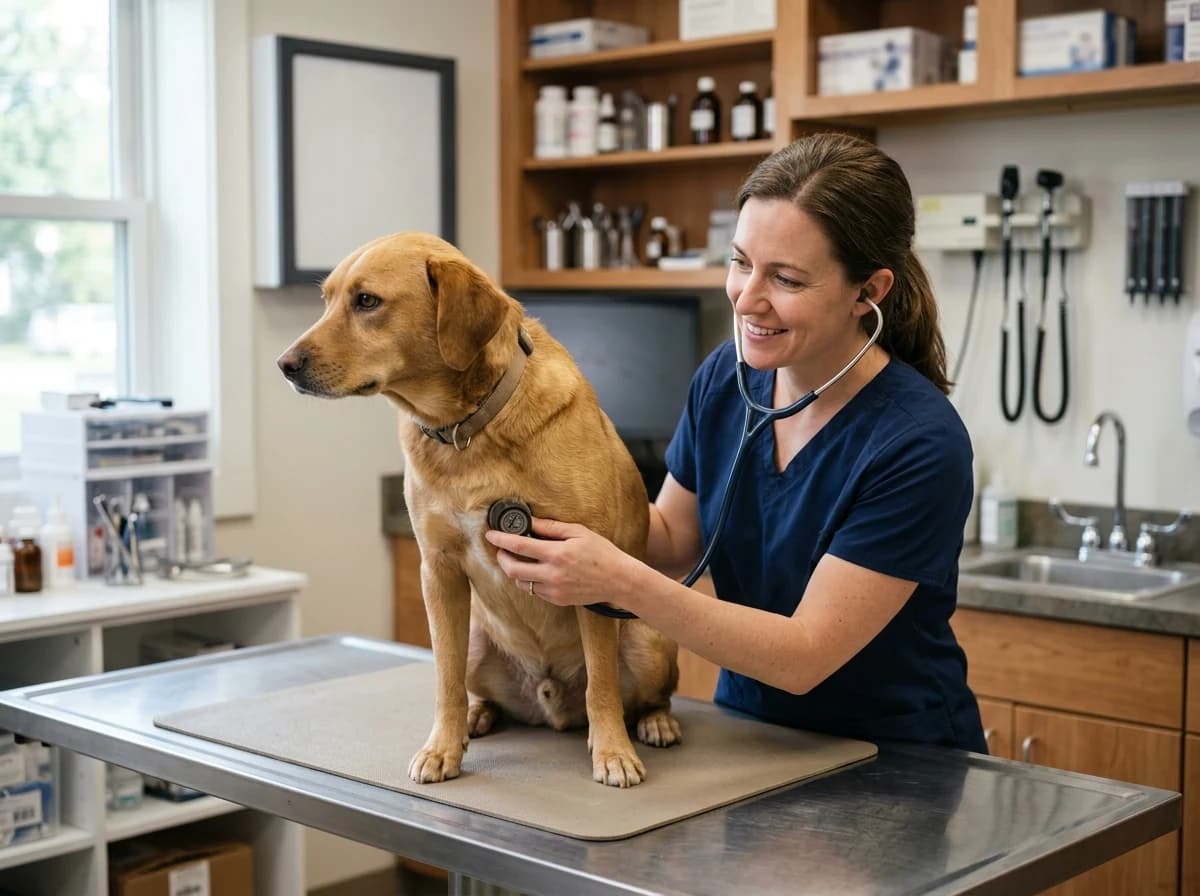 Veterinarian gently examining a calm dog on an exam table, focused and caring.