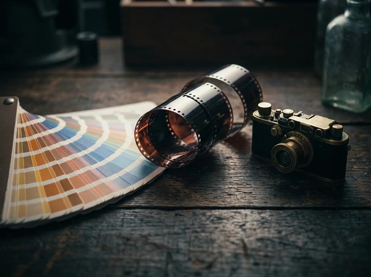 A conceptual still life with three physical, beautifully arranged items: a film negative strip, a gradient color swatch book, and a miniature vintage film camera. These elements are artfully composed on a dark, textured surface under dramatic lighting, symbolizing cinematic visual work.