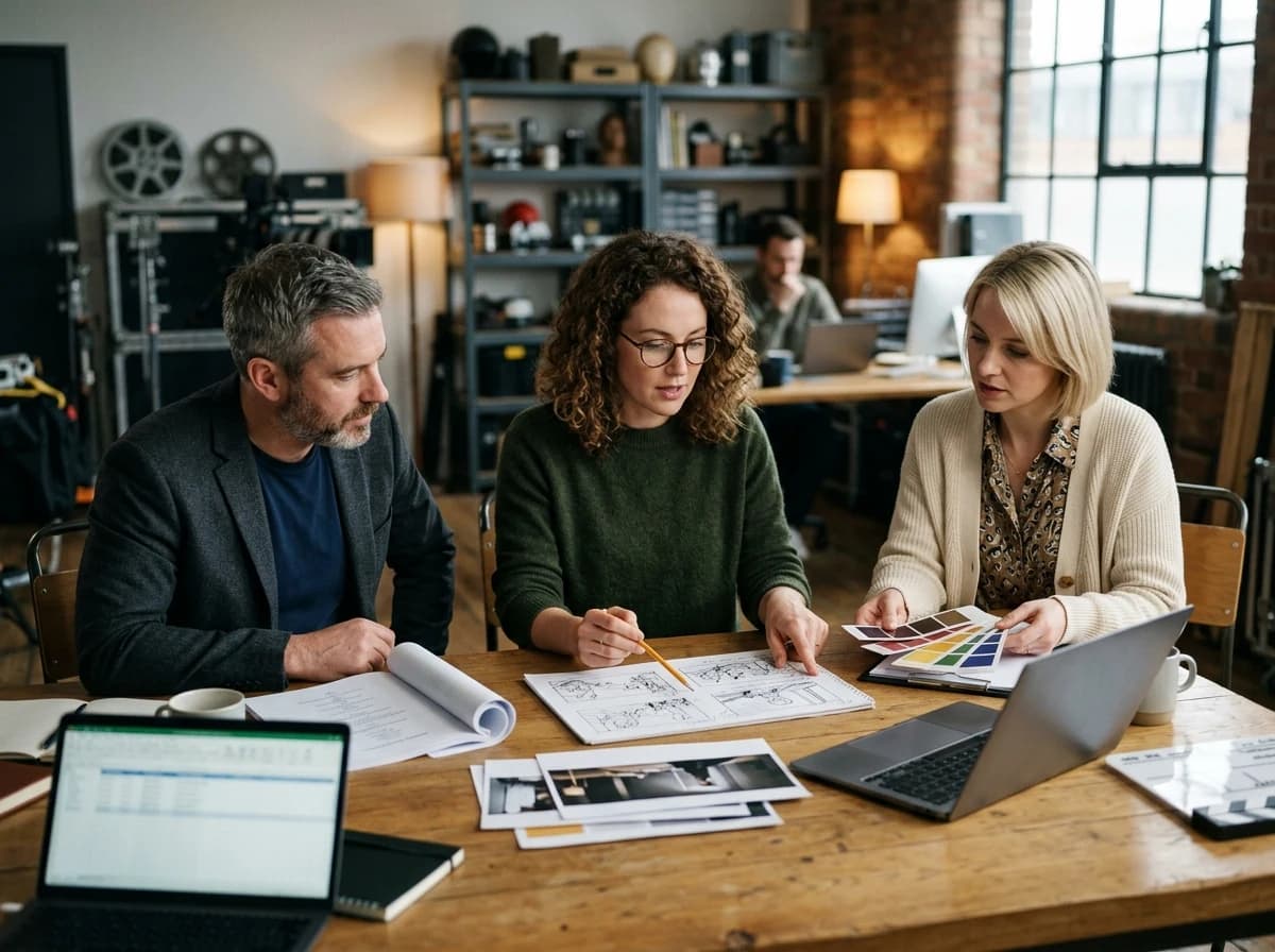 Fictional adult producer discussing hand-drawn scene thumbnails and lighting swatches with two adult clients around a studio table