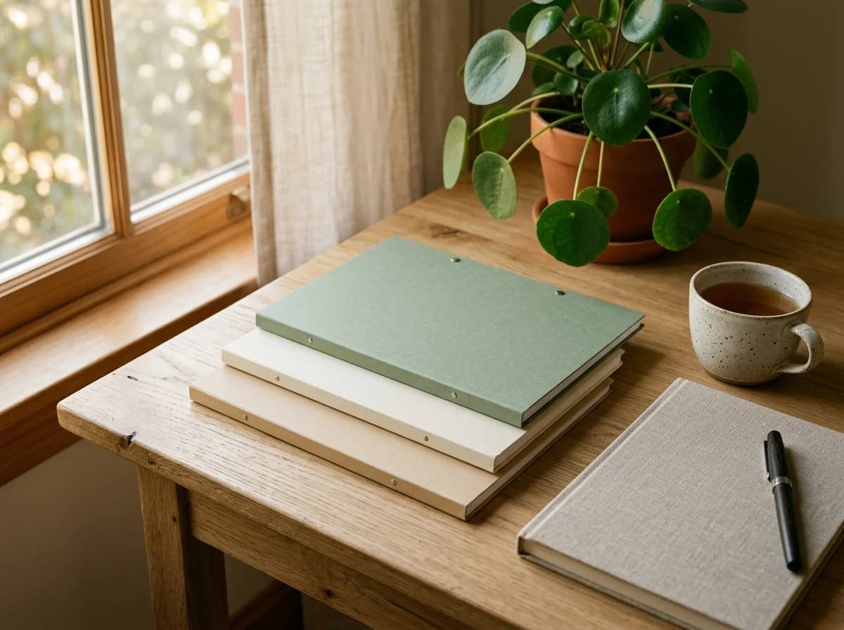 Closed project folders, a plain notebook and a cup of tea on an organized assistant’s desk.