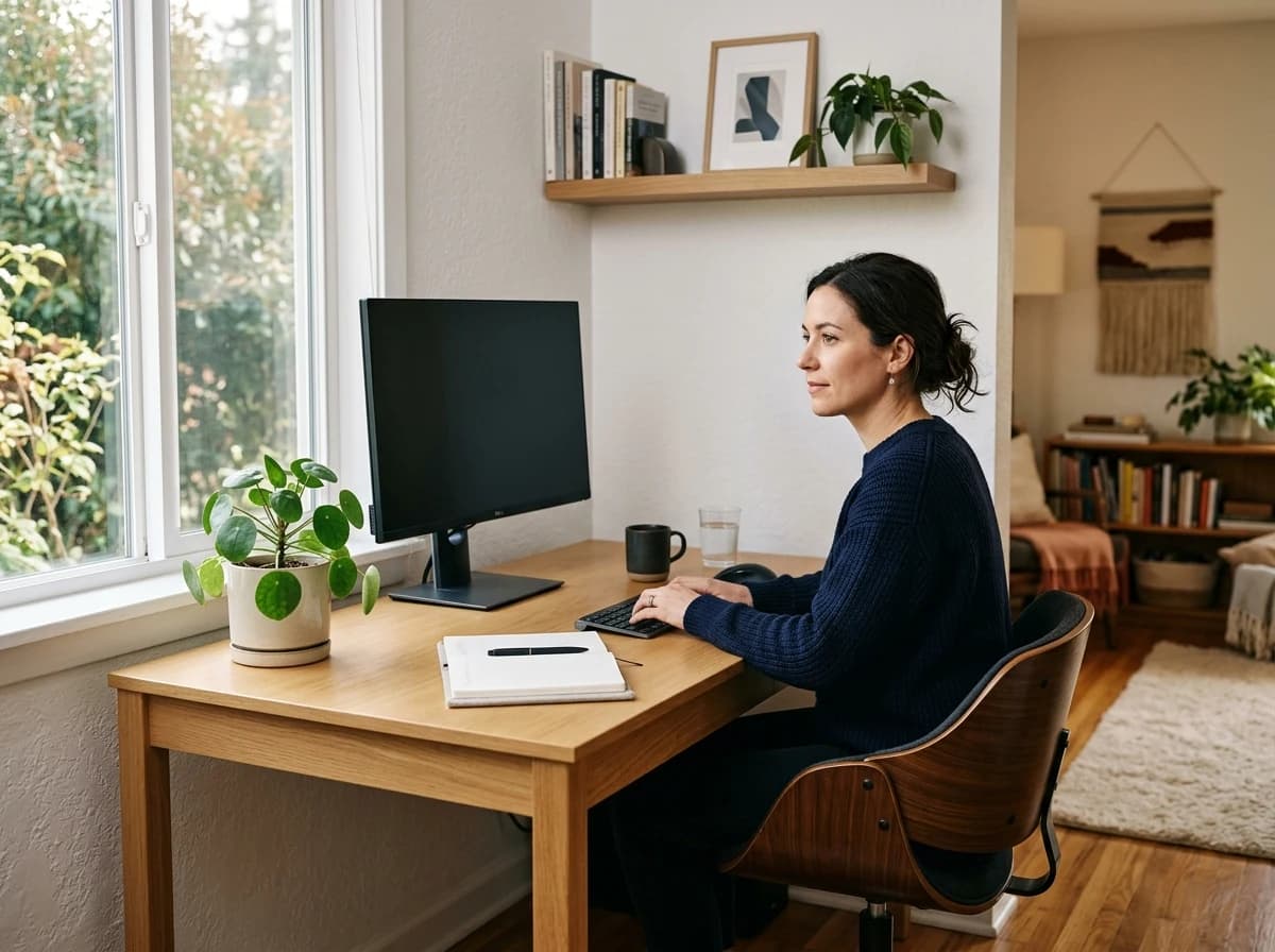 A clean, well-lit home office with a desk, plant, and simple decor, ready for work.