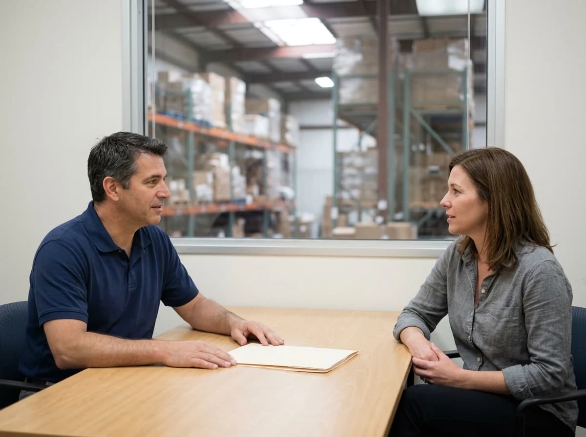 Two adults discussing warehouse services at a table in an office overlooking storage racks.