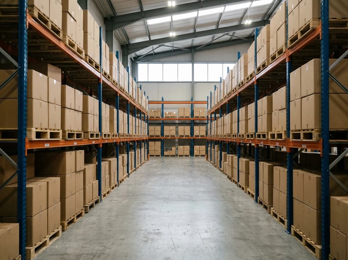 A clear warehouse aisle between pallet racks holding boxed goods.