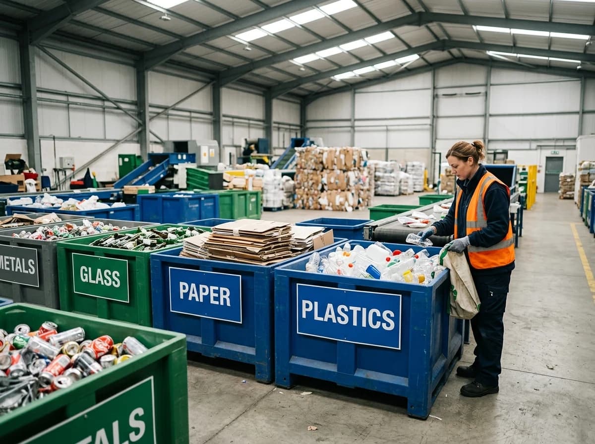 A clean, well-organized recycling facility with various bins for sorting different materials.