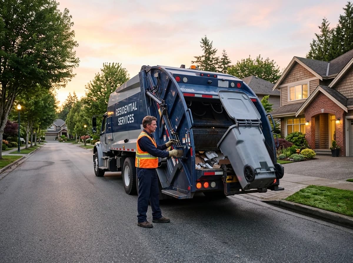 A modern waste collection truck operating at dawn on a residential street, with a crew member.