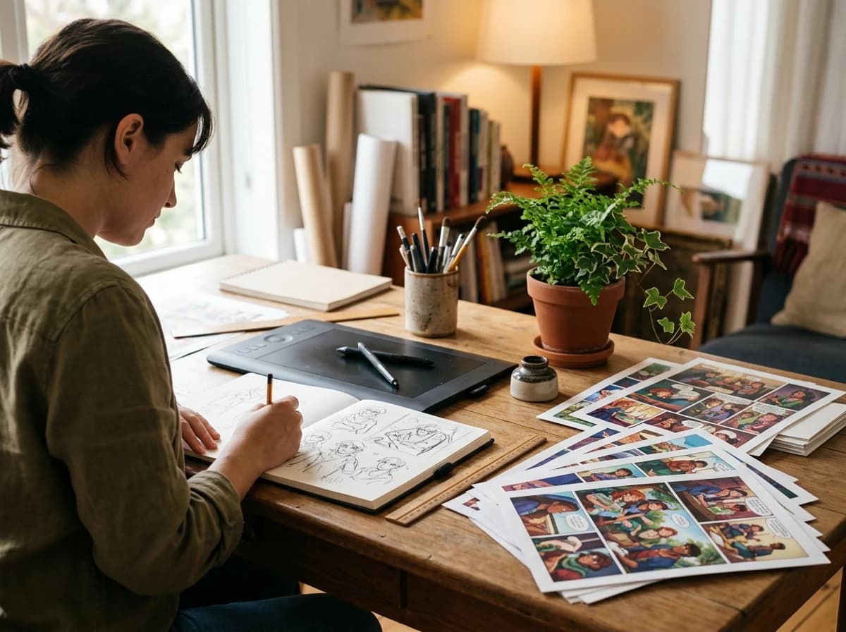 Well-lit artist's desk with drawing tablet, sketchbook, and vibrant finished comic pages.