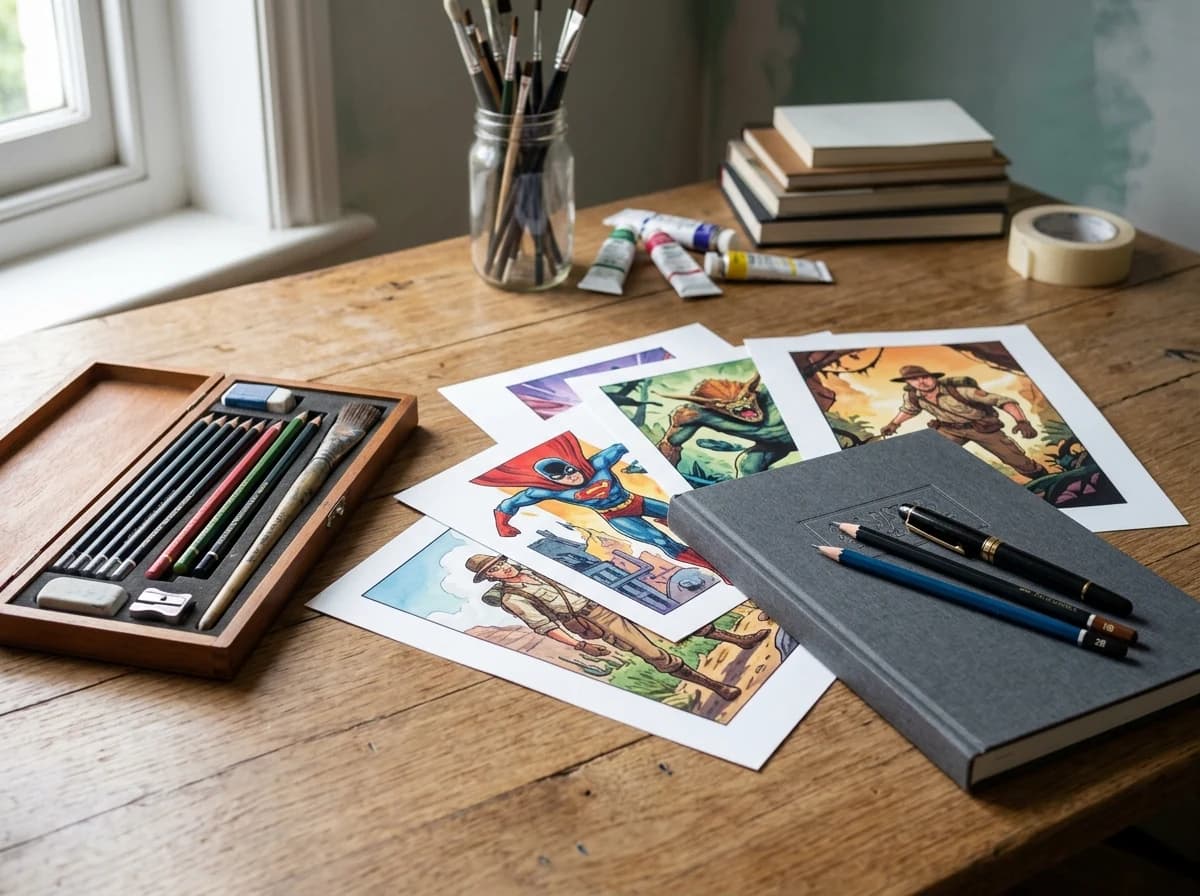 Original colorful comic character prints arranged on a drawing studio desk beside pencils and a closed sketchbook.