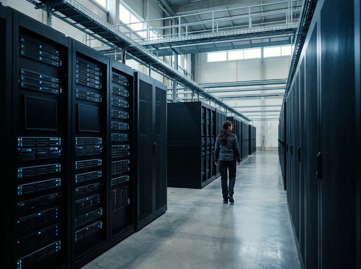 Rows of glowing server racks in a secure, futuristic data center environment.