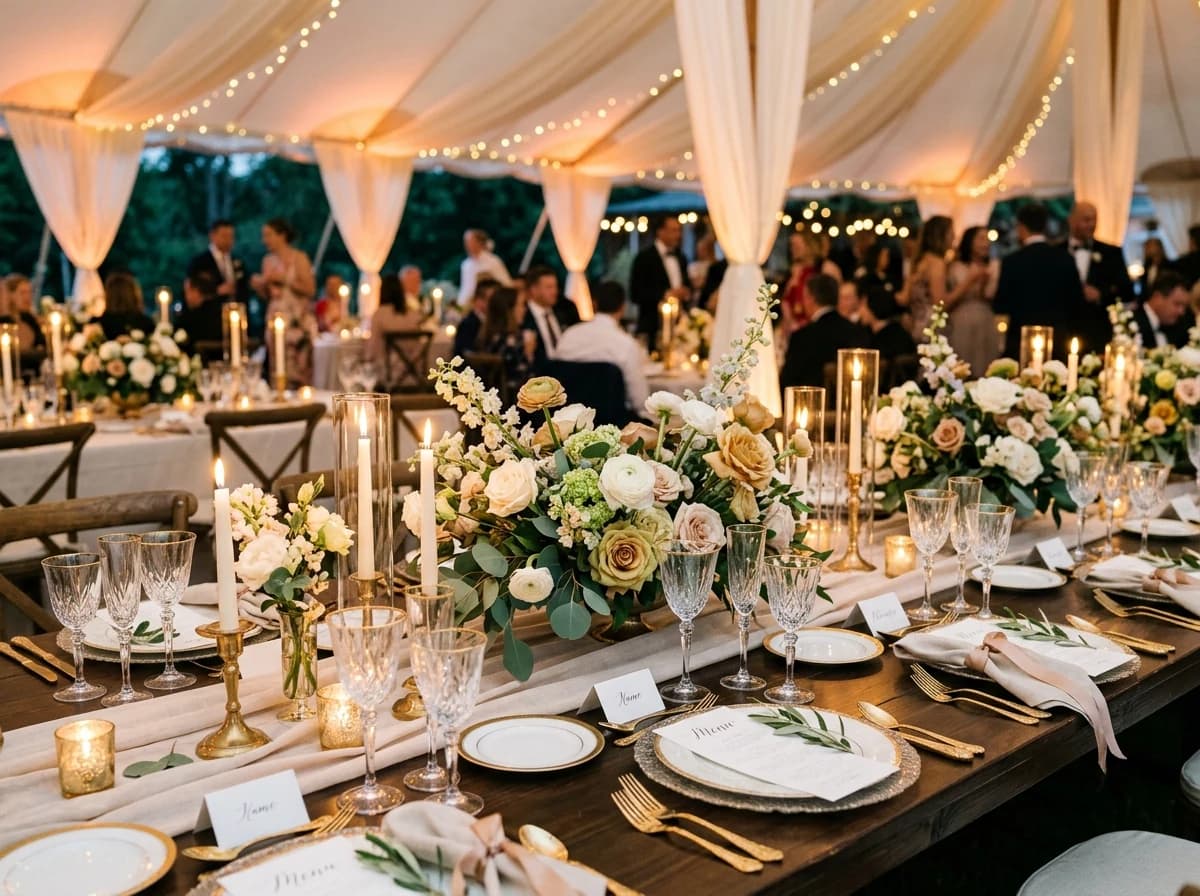 Beautifully set wedding reception table with floral centerpieces, fine china, and ambient lighting.