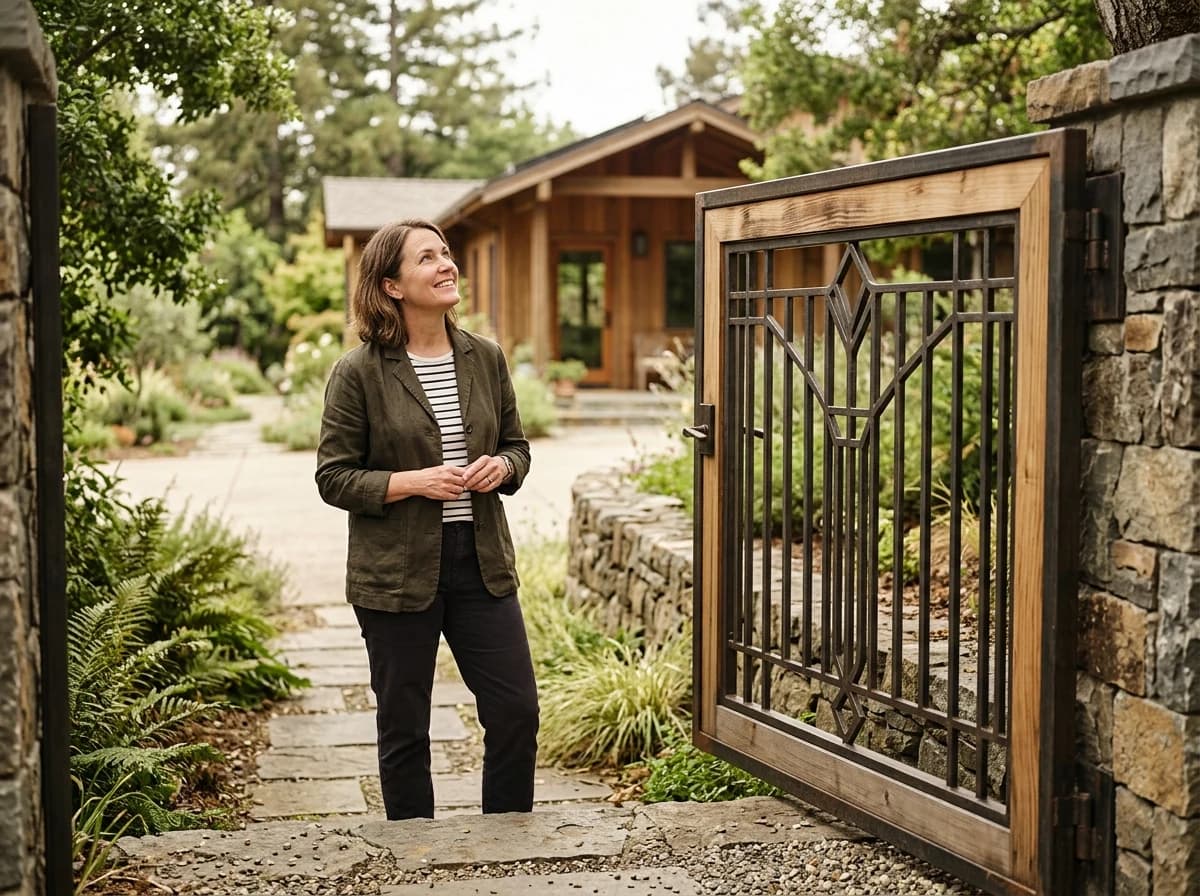 An adult client, casually dressed, stands back slightly and admires a newly installed, custom-fabricated metal gate in a residential setting. The client's expression is appreciative, and the gate is clearly visible as a sturdy, well-made product. No logos or brand names.