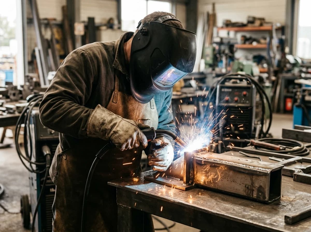 A skilled adult welder, wearing full protective gear including a helmet with the visor down and thick gloves, intently performing a MIG weld on a metal workpiece. Sparks fly dynamically, emphasizing the hands-on craft. No readable text or faces are visible.