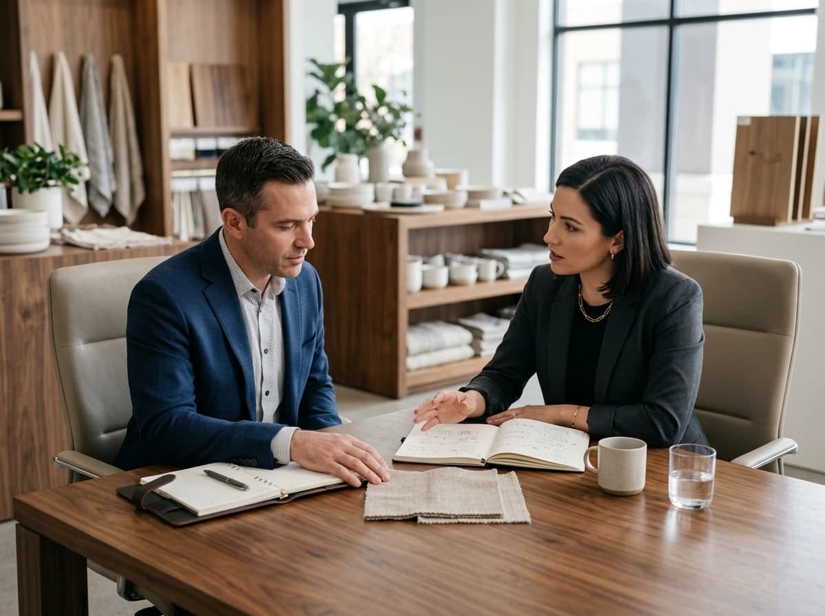 Two business professionals discussing terms of a wholesale deal in a modern office environment.