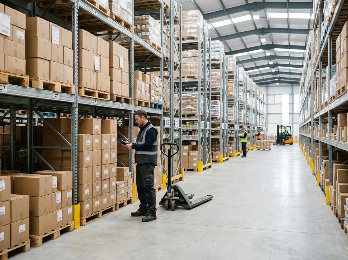 A spacious, impeccably organized warehouse with rows of products neatly stacked and labeled.