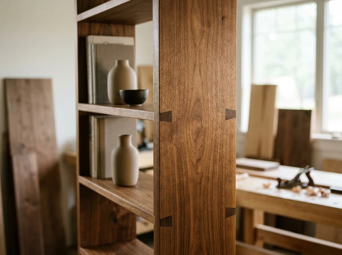 Elegant, finished custom wooden shelving unit with visible grain and smooth joinery, showcasing woodworking artistry.