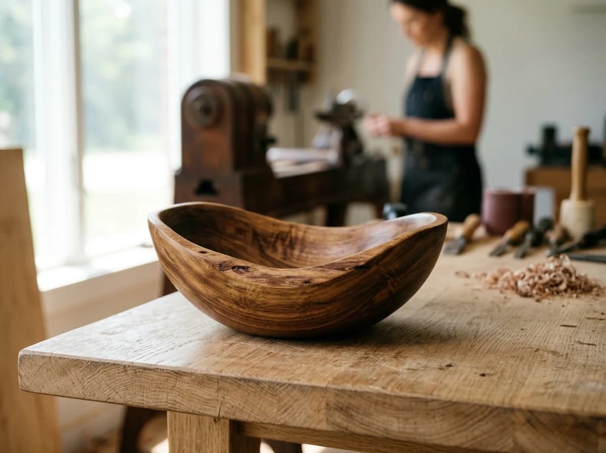 A beautifully finished, unique wooden bowl with a natural grain pattern, displayed on a simple wooden surface.