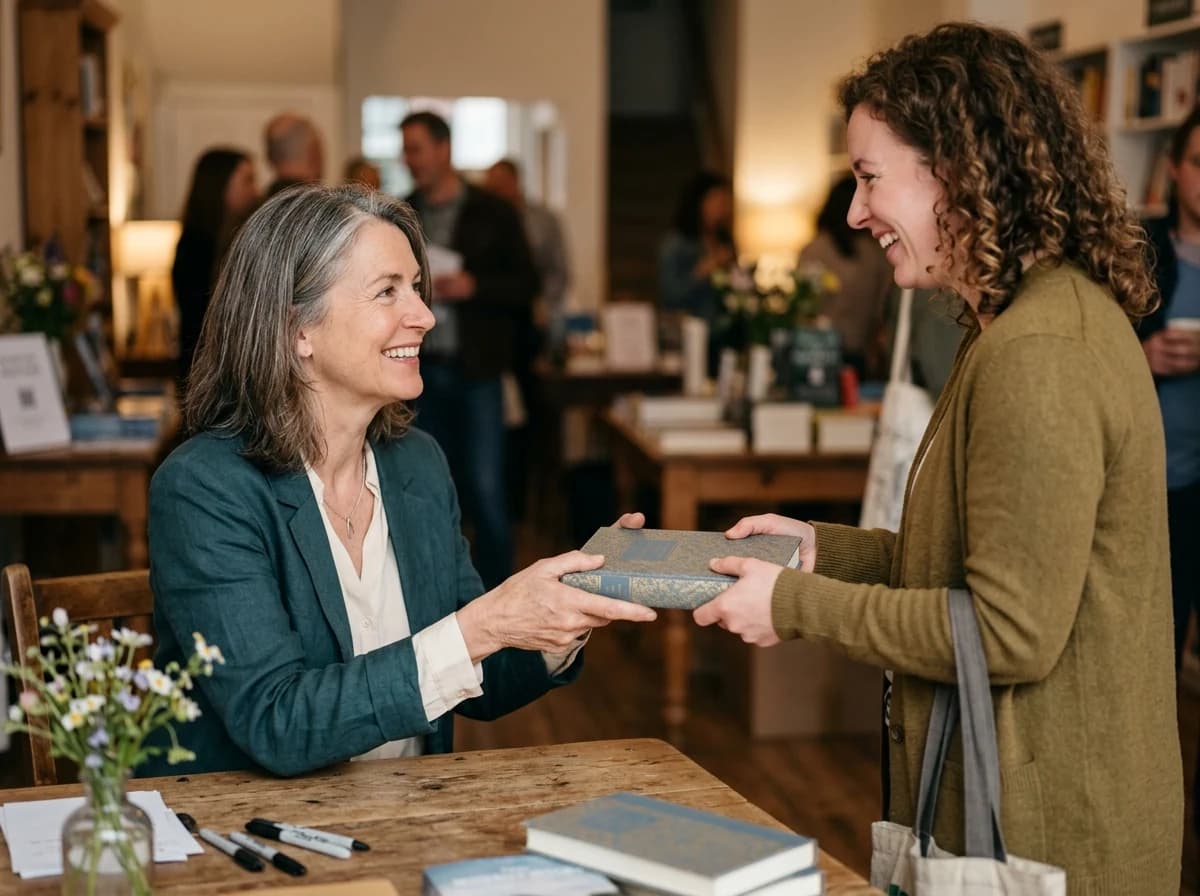 Adult author interacting warmly with a reader at a book signing event, holding a signed physical book