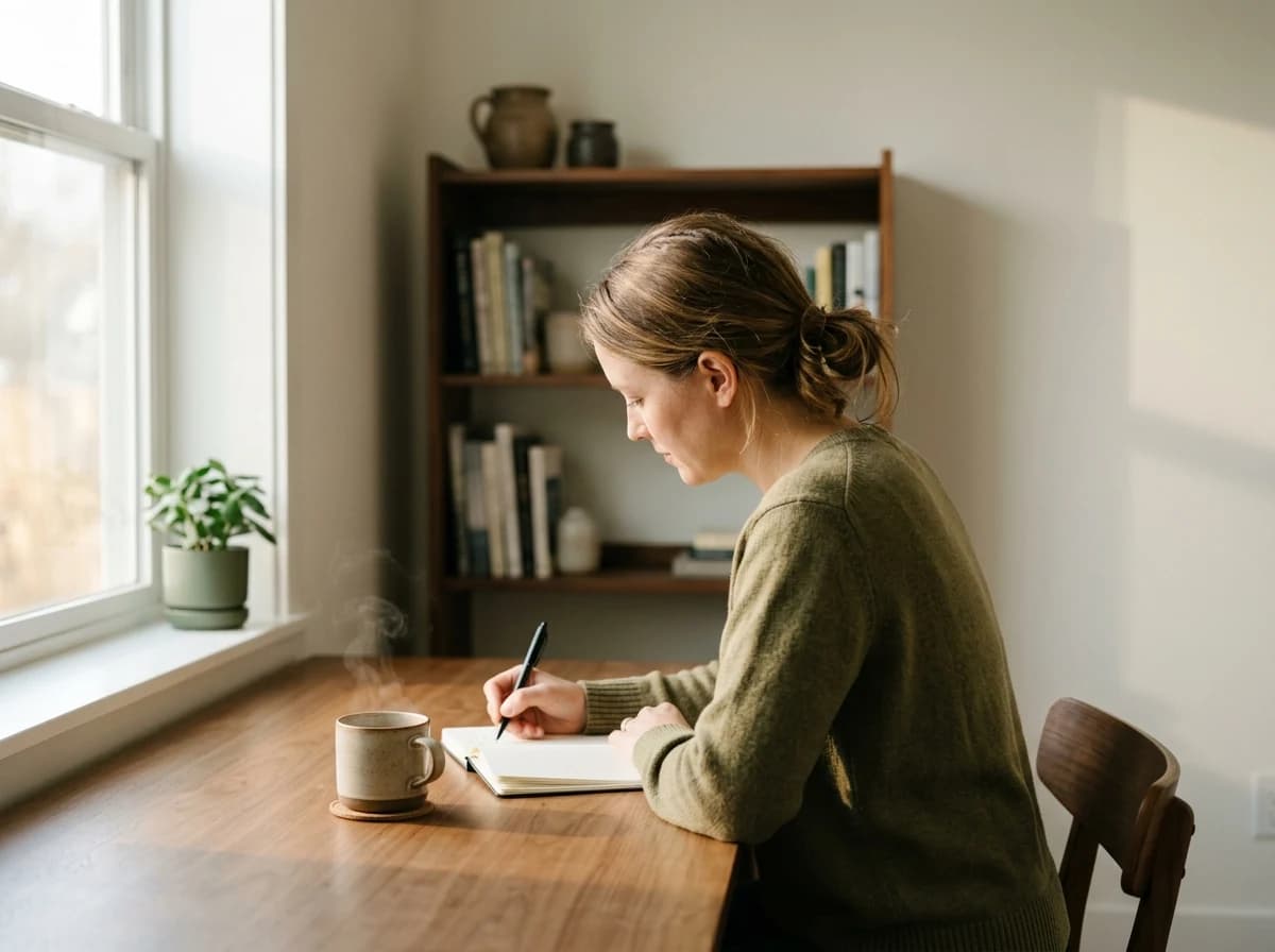 Adult writer in a bright, minimalist home office, focused on a notebook and pen with a cup of coffee