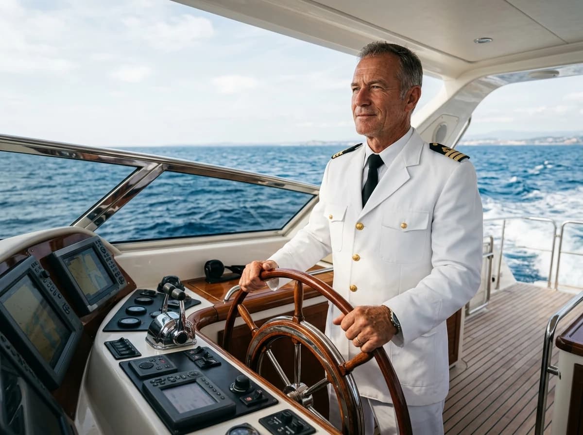 Experienced adult captain, wearing a crisp uniform, steering a yacht with both hands at the helm.