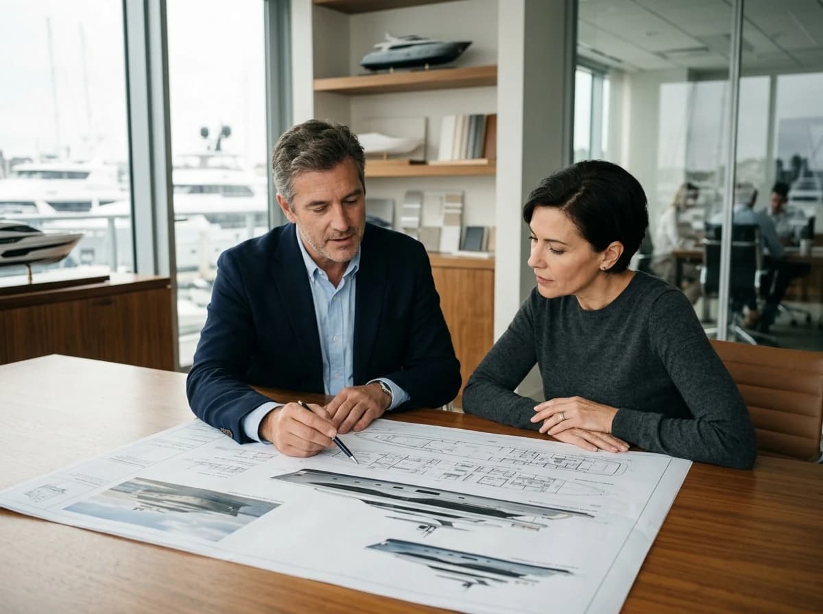 Two adult individuals, a yacht designer and a client, reviewing large technical drawings of a yacht design in a brightly lit meeting room.