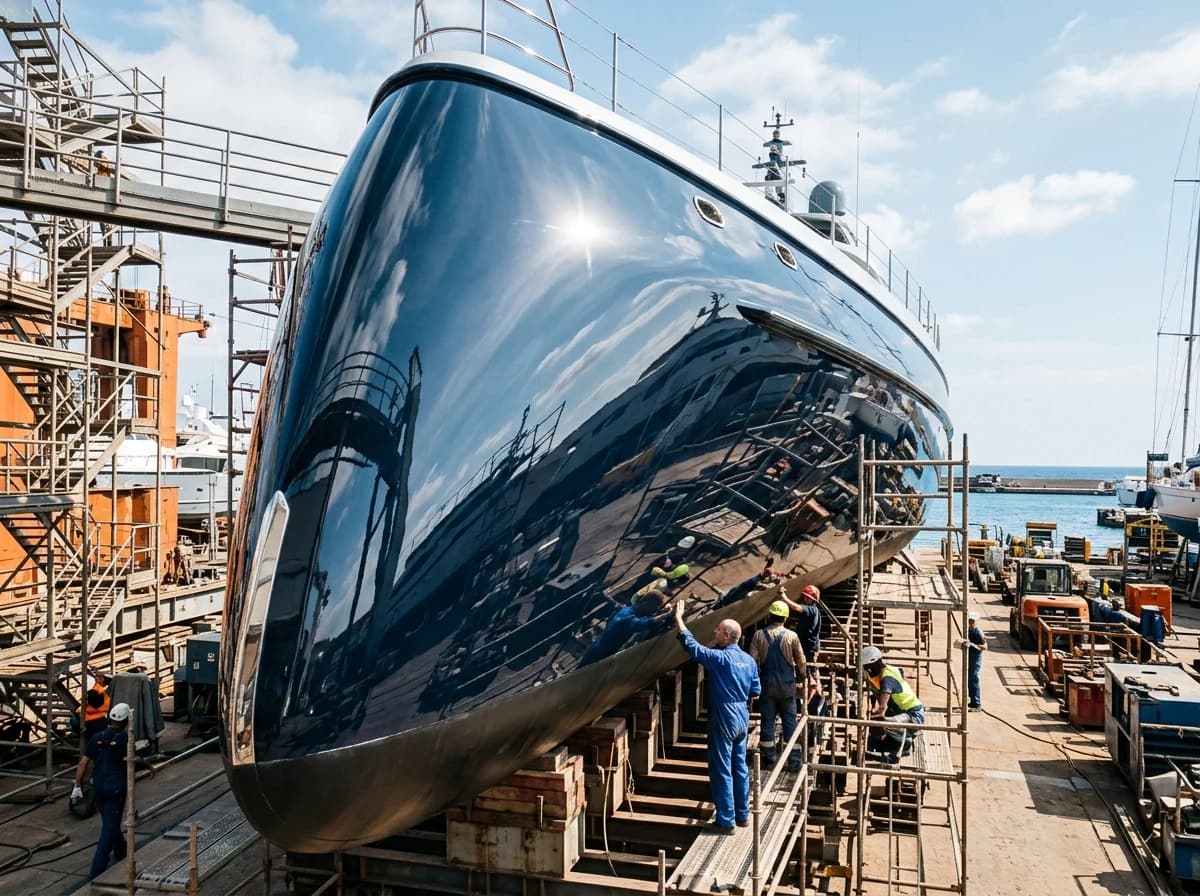 Close-up of the sleek, reflective hull of a modern yacht in a dry dock, highlighting the curved lines and smooth finish.