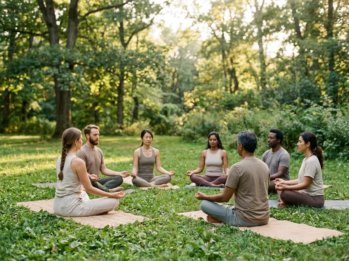 Diverse group of adults meditating in a seated position on yoga mats outdoors in a peaceful park setting.