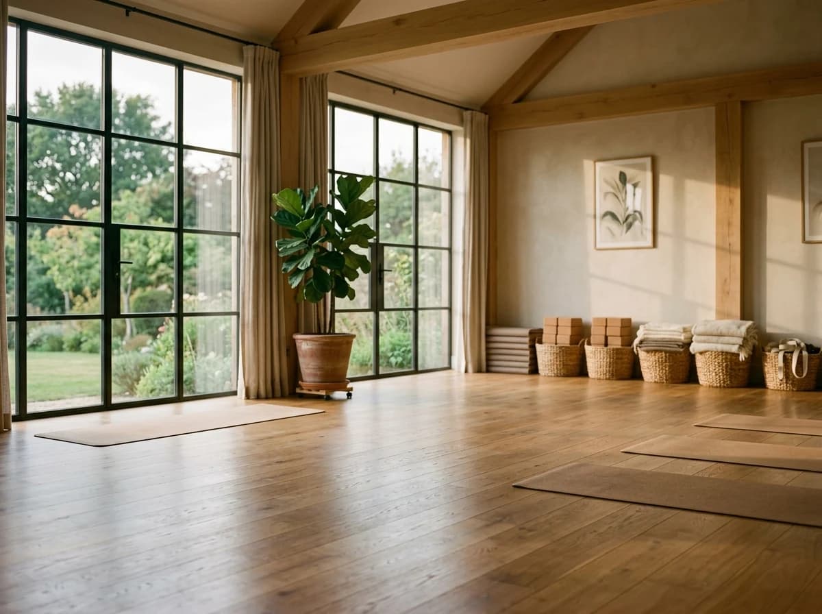 Empty, serene yoga studio with natural light, hardwood floors, and neatly stacked yoga mats and props in a basket.