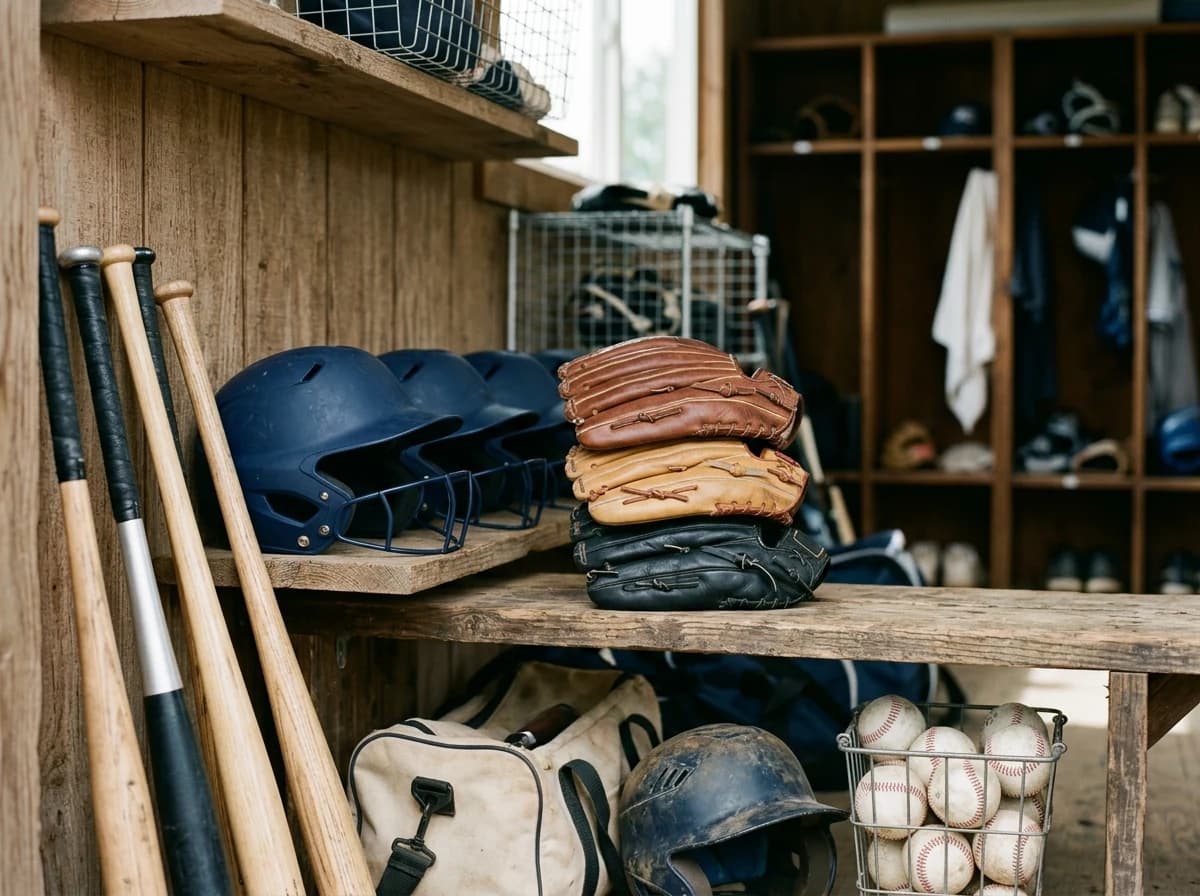 Neatly arranged baseball bats, gloves, and helmets in a team gear locker or storage area.
