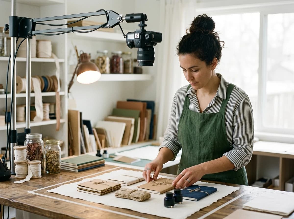 Fictional adult video creator arranging unbranded handmade stationery under a small overhead camera rig in a bright home studio