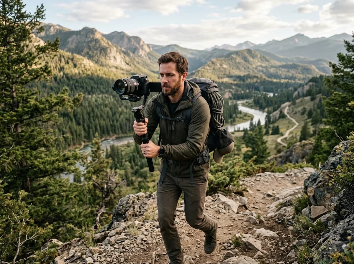An adult male YouTuber filming outdoors with a camera on a gimbal, capturing scenic footage.