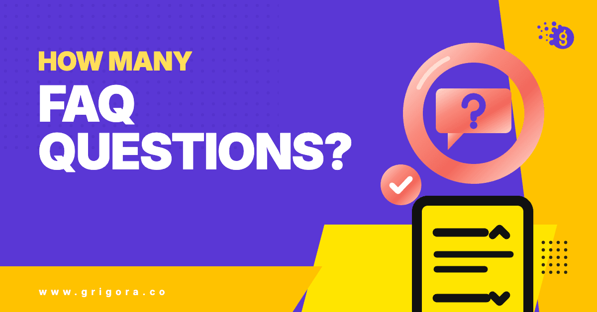 How many FAQ questions: Grigora guide cover with a question mark speech bubble inside a coral ring, a pass mark, and an accordion list