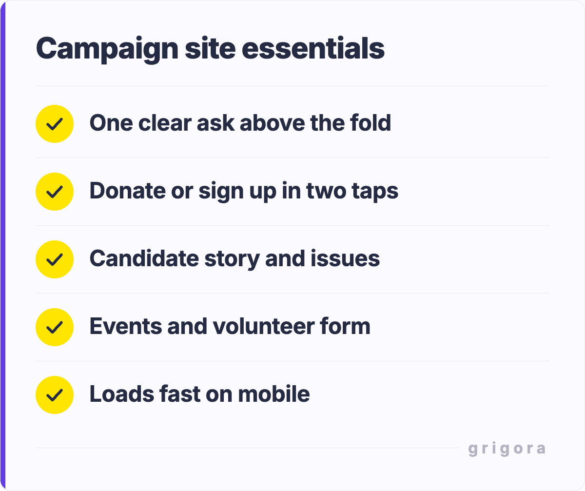Campaign site essentials: One clear ask above the fold; Donate or sign up in two taps; Candidate story and issues; Events and volunteer form; Loads fast on mobile