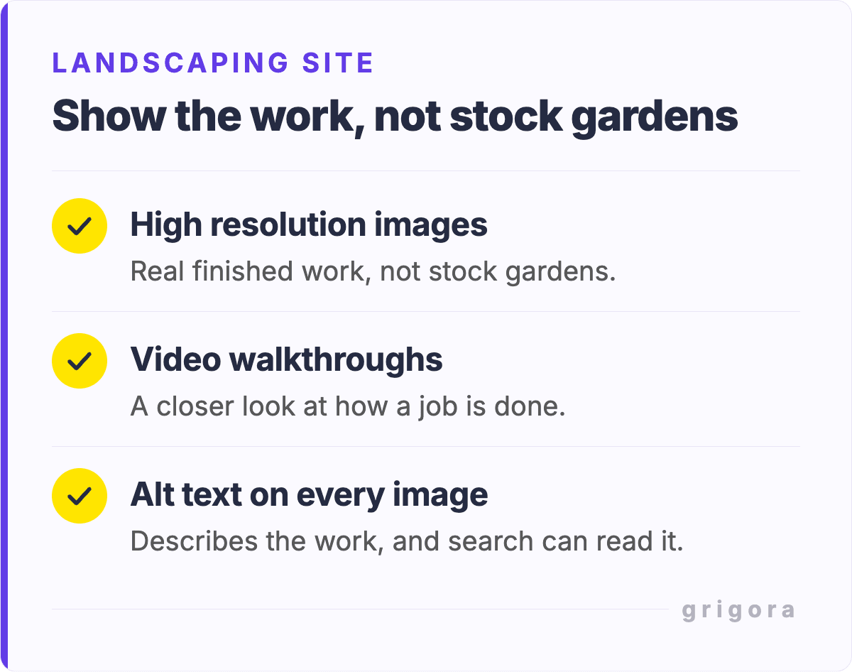 Visual content a landscaping website needs: high resolution images, video walkthroughs and alt text