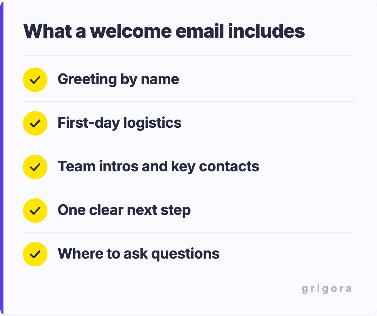 What a welcome email includes: Greeting by name; First-day logistics; Team intros and key contacts; One clear next step; Where to ask questions