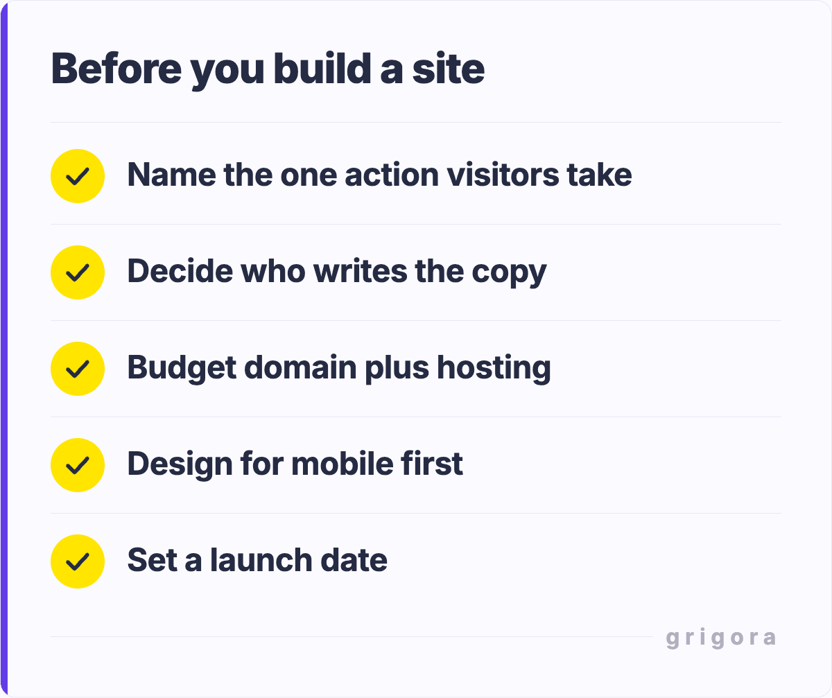 Before you build a site: Name the one action visitors take; Decide who writes the copy; Budget domain plus hosting; Design for mobile first; Set a launch date