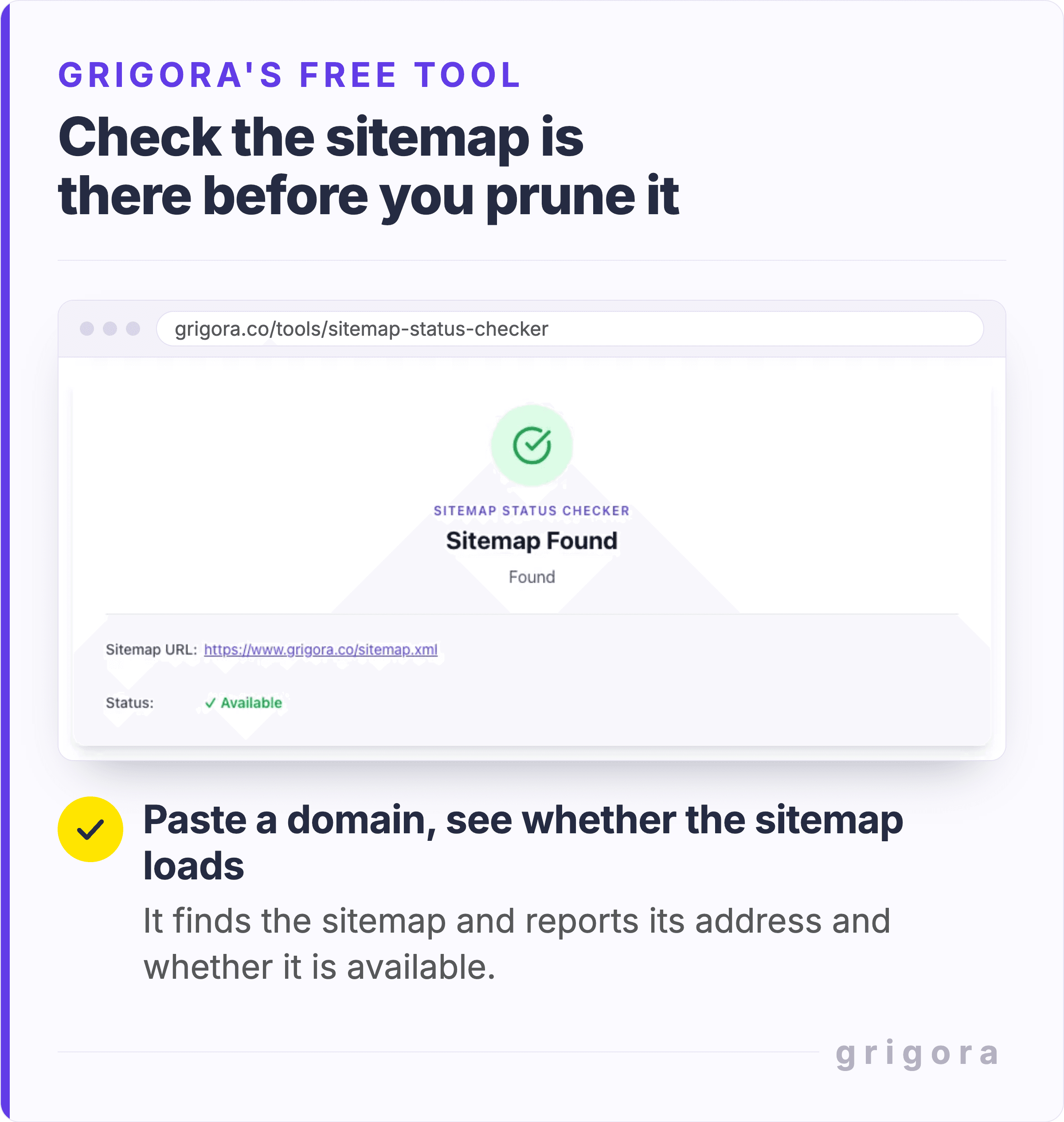 Grigora's free Sitemap Status Checker result: Sitemap Found, with the sitemap URL https://www.grigora.co/sitemap.xml and a status of Available.