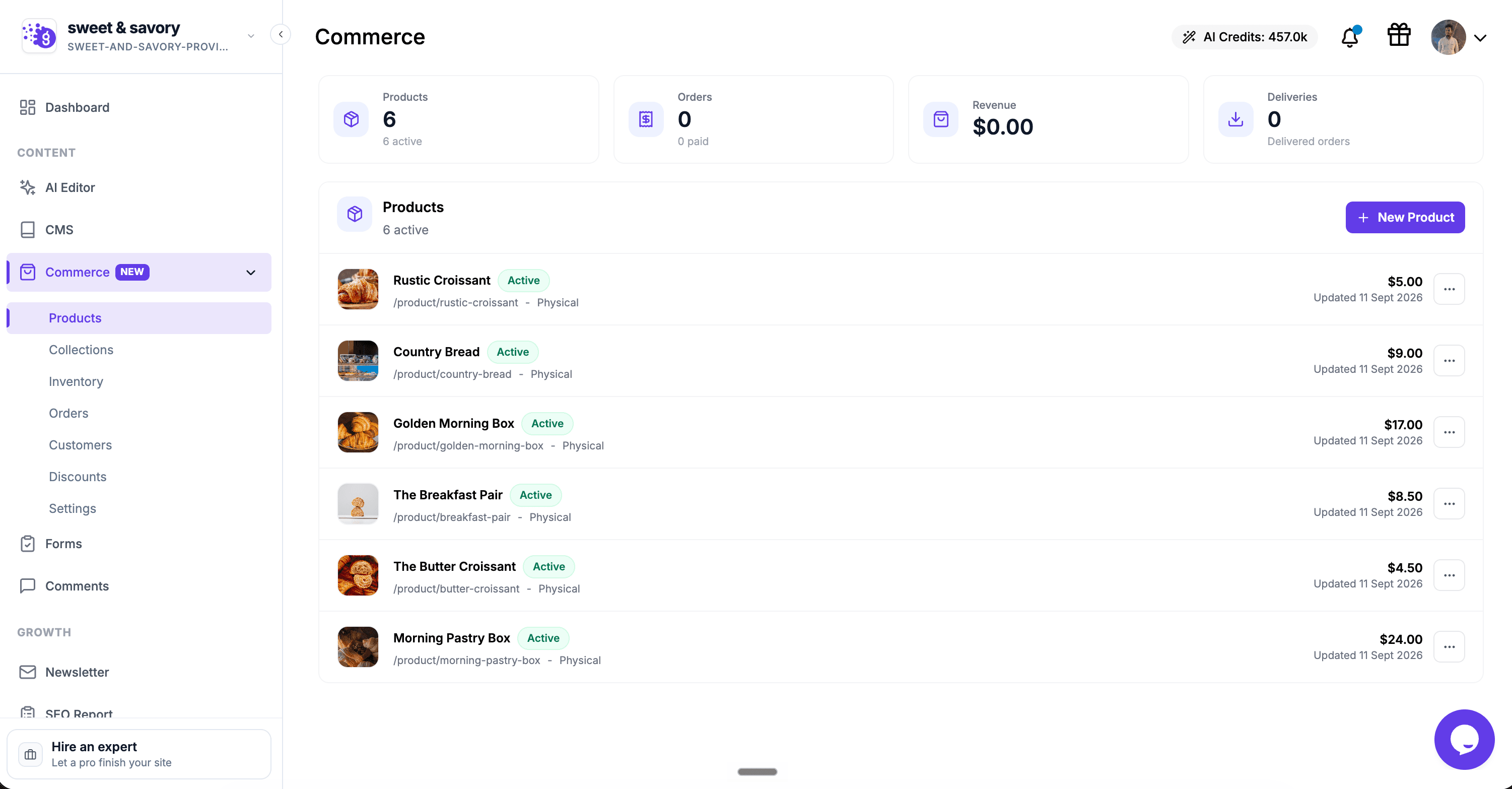 Grigora Commerce dashboard managing Sweet & Savory products