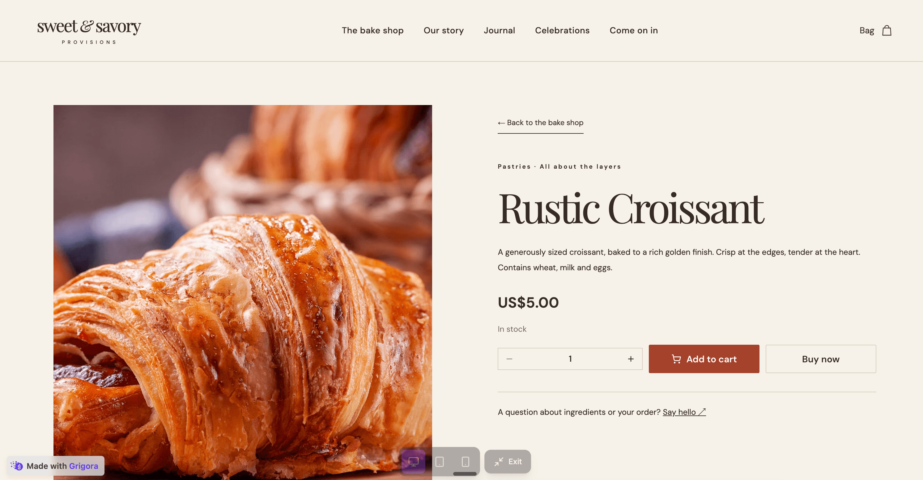 Sweet & Savory storefront with a croissant product and add-to-cart controls