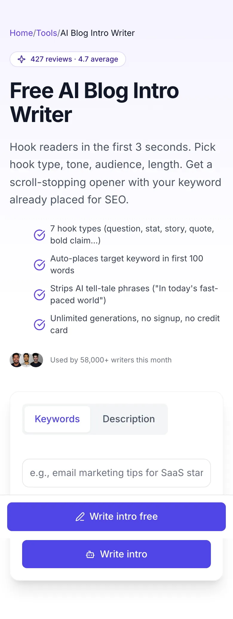 Empty AI Blog Intro Writer before any input