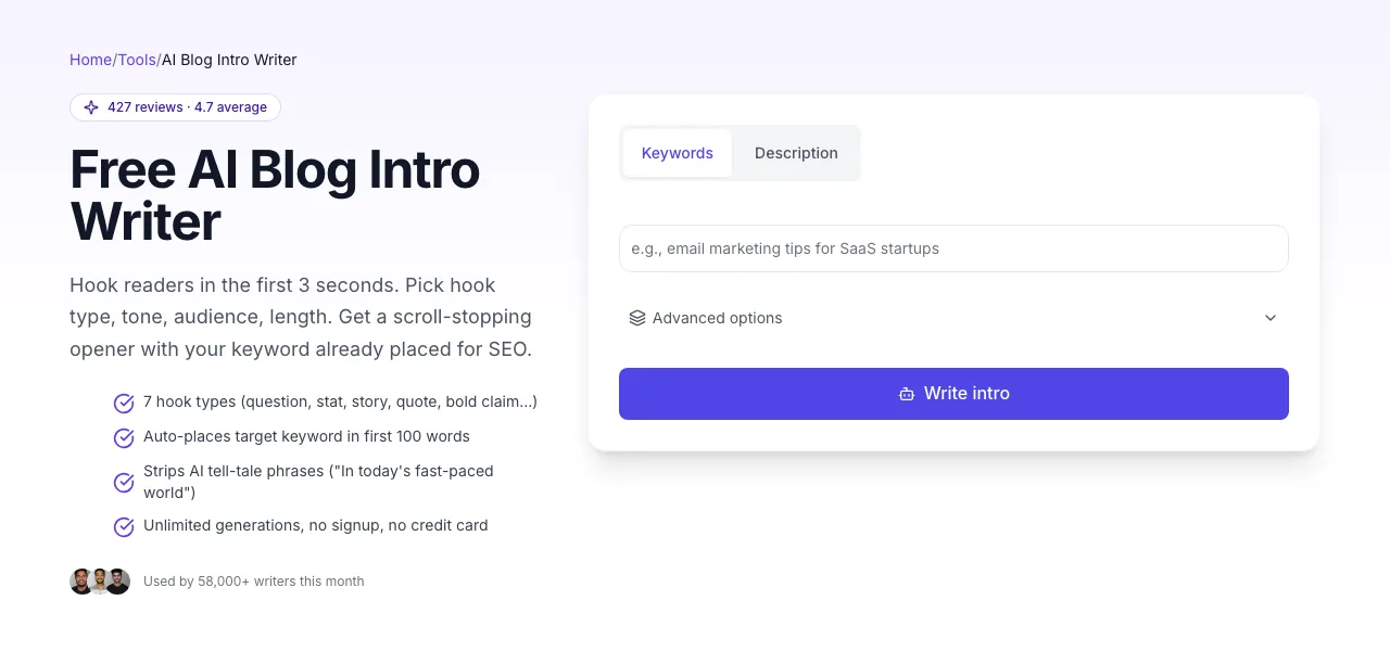 Empty AI Blog Intro Writer before any input