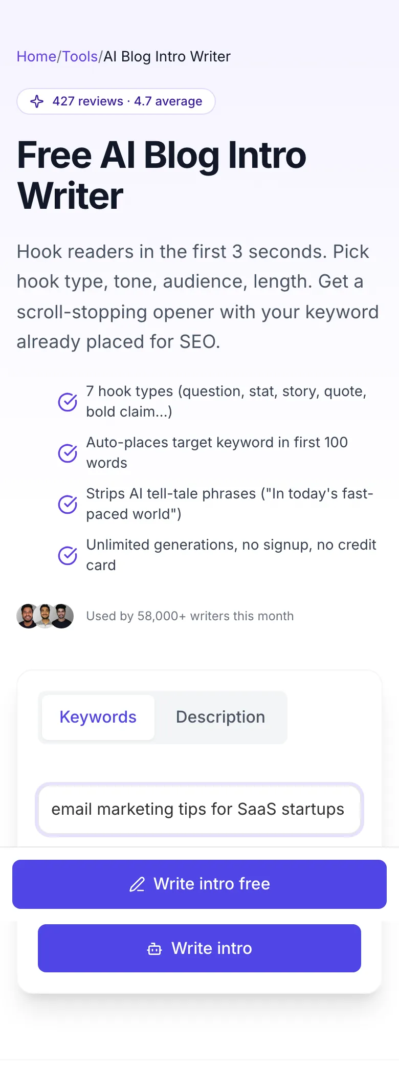 AI Blog Intro Writer showing its result