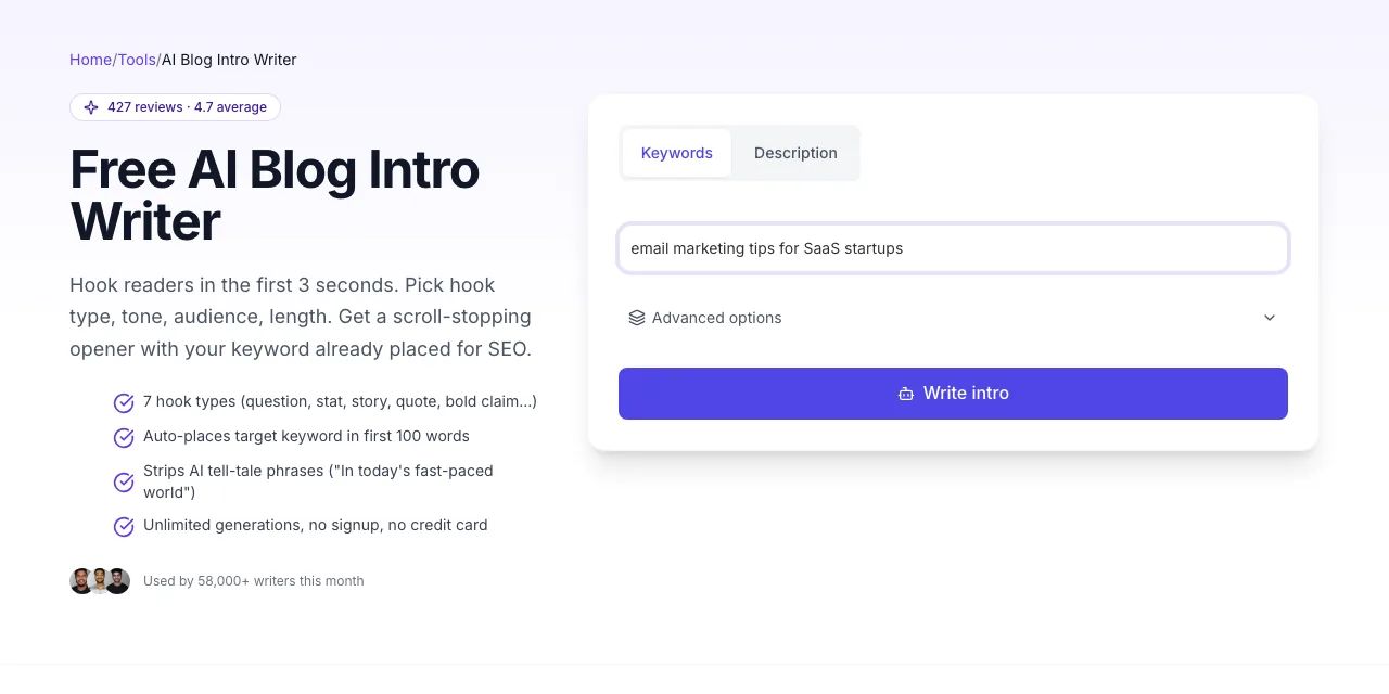 AI Blog Intro Writer showing its result