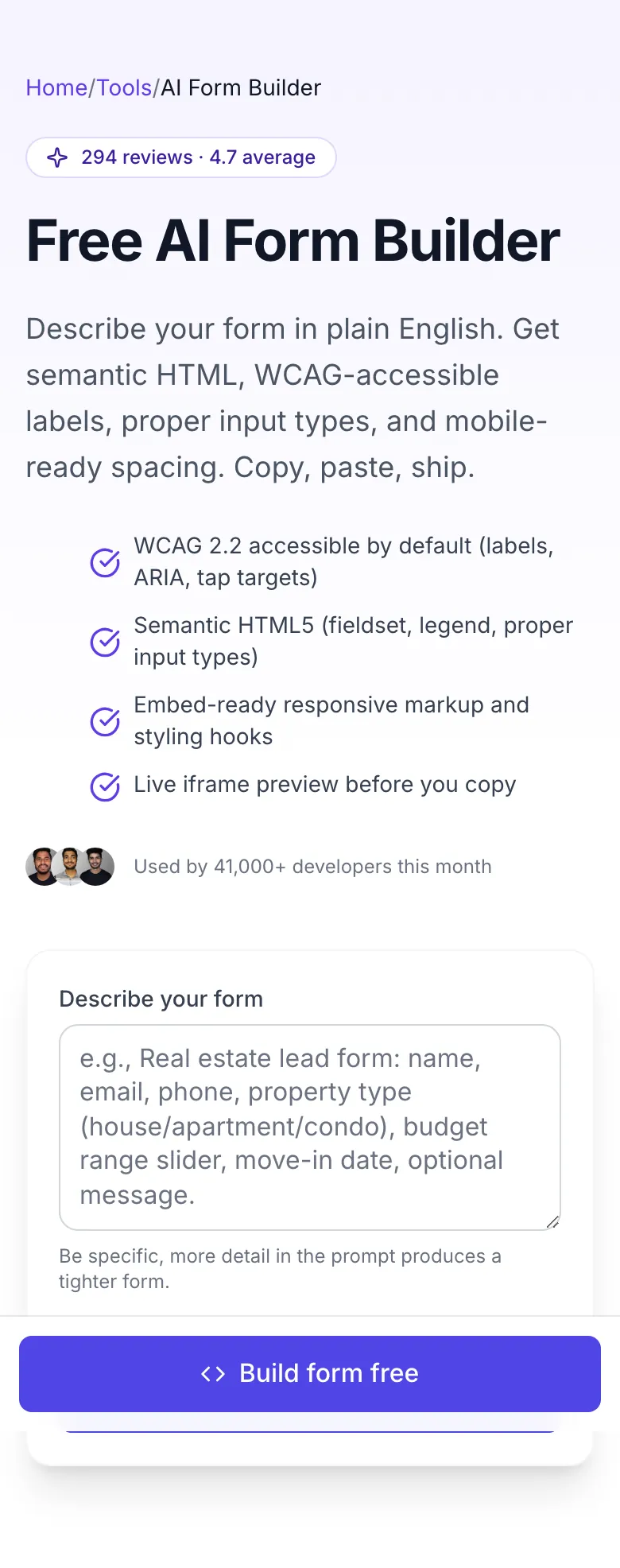 Empty AI Form Builder For SEO before any input