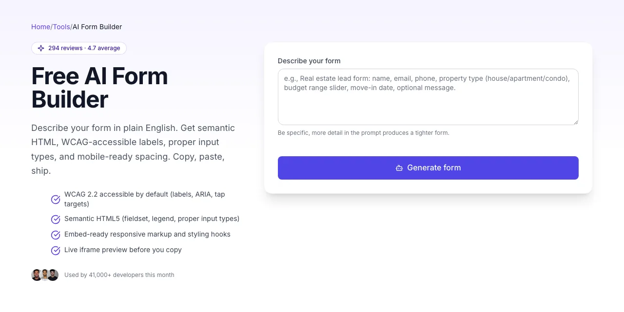Empty AI Form Builder For SEO before any input