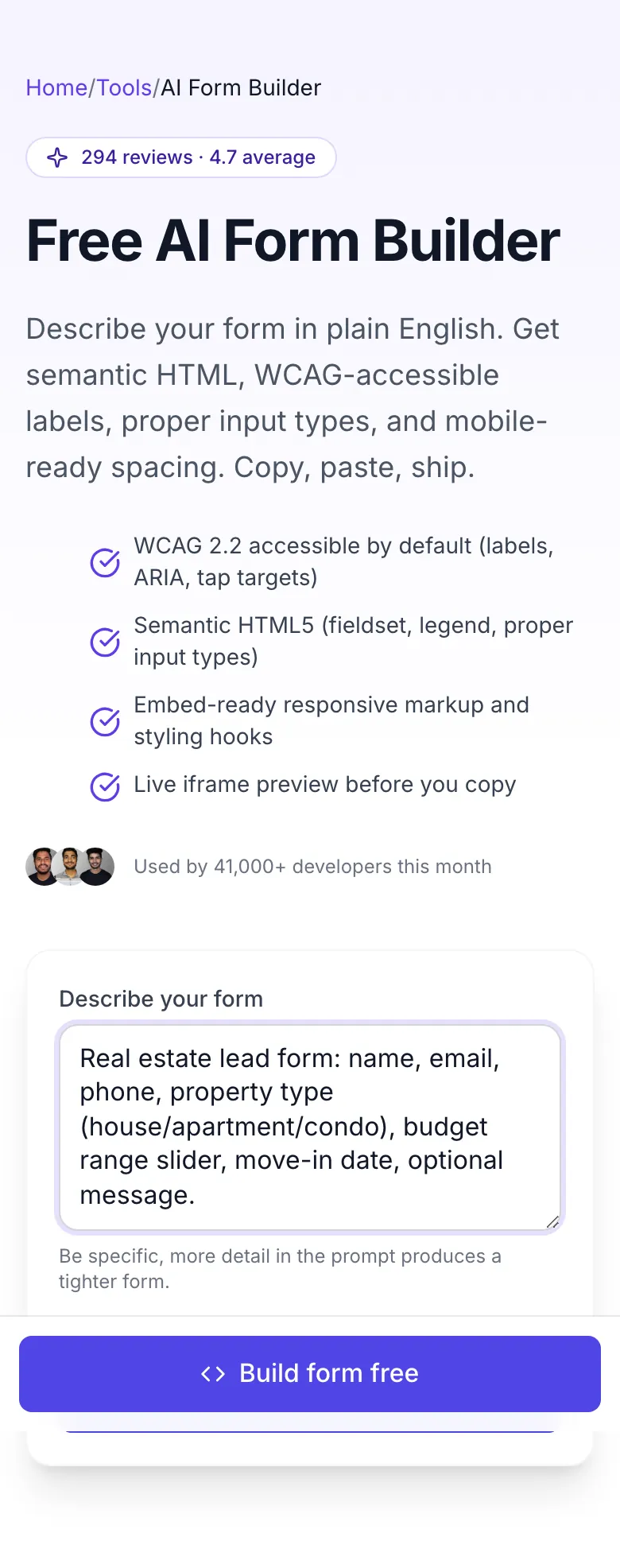 AI Form Builder For SEO with input filled in