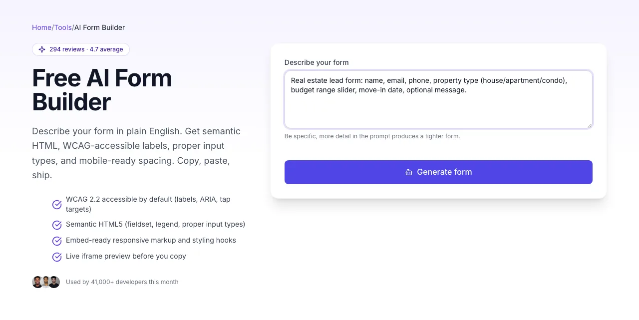 AI Form Builder For SEO with input filled in