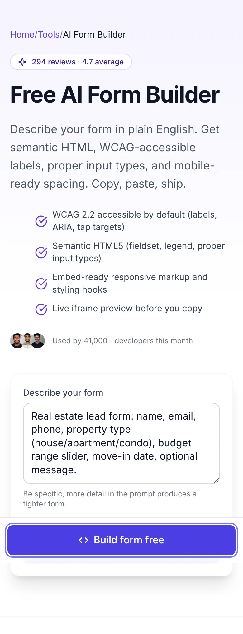 AI Form Builder For SEO showing its result