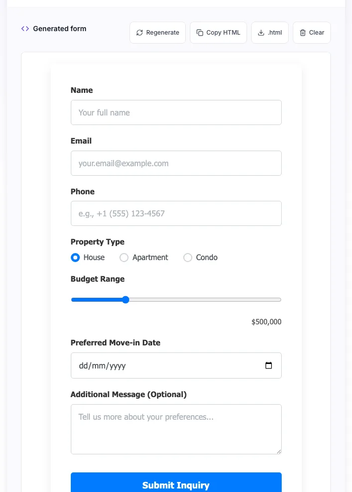 AI Form Builder For SEO showing its result